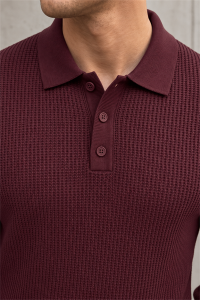 Dokulu Örgü Polo Yaka Erkek Triko Kazak - Bordo Bordo