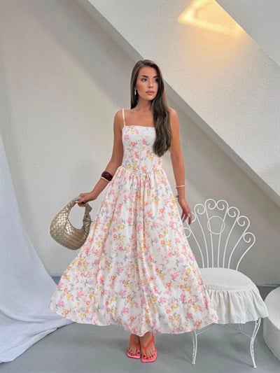 Ekru Bloom Çiçek Desenli Korsajlı Askılı Maksi Elbise