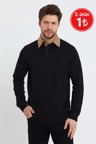 Erkek 2 İplik Pamuklu Regular Fit Polo Sweat Siyah Gömlek