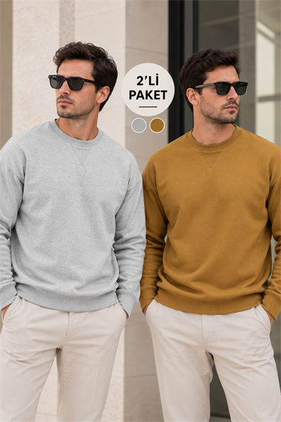 Erkek 2’li Paket Bisiklet Yaka Basic Günlük Sweatshirt - Gri Melanj & Kahve Gri