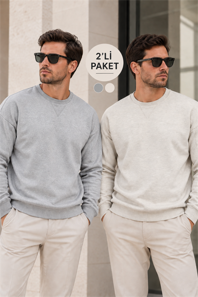 Erkek 2’li Paket Bisiklet Yaka Basic Günlük Sweatshirt Gri & Kar Melanj Gri Melanj