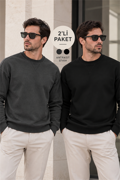Erkek 2’li Paket Bisiklet Yaka Basic Günlük Sweatshirt - Siyah & Antrasit Siyah