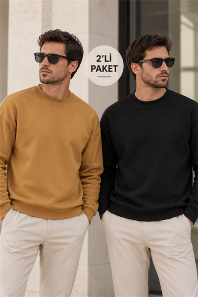 Erkek 2’li Paket Bisiklet Yaka Basic Günlük Sweatshirt - Kahve & Siyah Kahve
