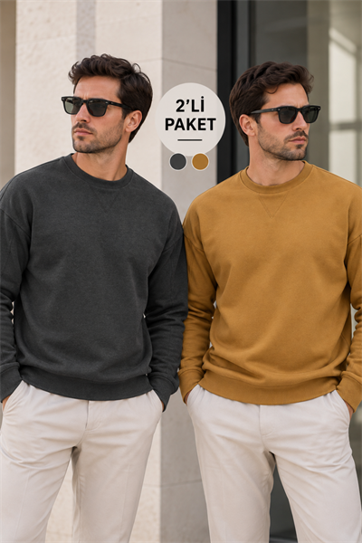 Erkek 2’li Paket Bisiklet Yaka Basic Günlük Sweatshirt - Antrasit & Kahve Antrasit