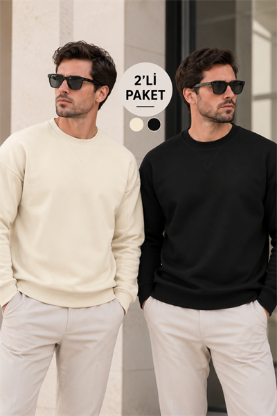 Erkek 2’li Paket Bisiklet Yaka Basic Günlük Sweatshirt - Ekru & Siyah Ekru