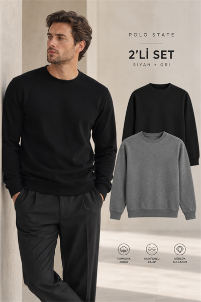 Erkek 2’li Set Bisiklet Yaka Basic Sweatshirt Siyah & Antrasit Siyah