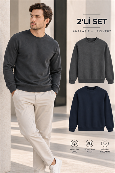 Erkek 2’li Set Bisiklet Yaka Basic Sweatshirt Antrasit & Lacivert Antrasit