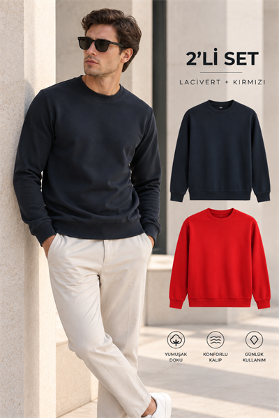 Erkek 2’li Set Bisiklet Yaka Basic Sweatshirt Kırmızı & Lacivert Kırmızı