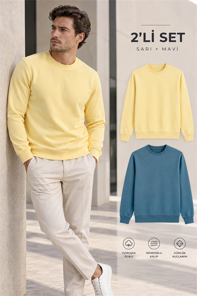 Erkek 2’li Set Bisiklet Yaka Basic Sweatshirt Mavi & Sarı Mavi