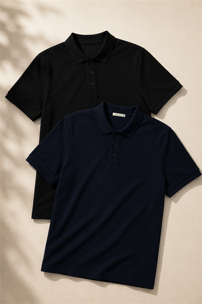 Erkek 2'li Polo Yaka Tişört Siyah-Lacivert %100 Pamuk Çekmeyen Kumaş Regular Fit