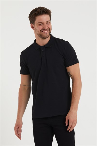 Erkek 2li Polo Yaka Tişört Siyah-Siyah %100 Pamuk Çekmeyen Kumaş Regular Fit