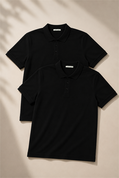 Erkek 2'li Polo Yaka Tişört Siyah-Siyah %100 Pamuk Çekmeyen Kumaş Regular Fit