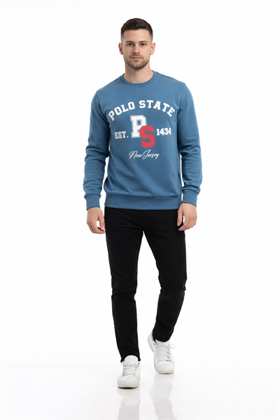 Erkek 3 İplik Şardonsuz Pamuklu Regular Fit Baskılı Bisiklet Yaka Mavi Sweatshirt