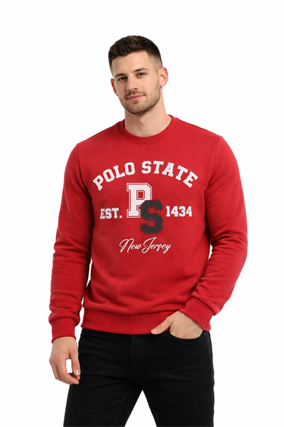 Erkek 3 İplik Şardonsuz Pamuklu Regular Fit Baskılı Bisiklet Yaka Kırmızı Sweatshirt