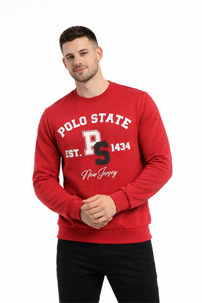 Erkek 3 İplik Şardonsuz Pamuklu Regular Fit Baskılı Bisiklet Yaka Kırmızı Sweatshirt