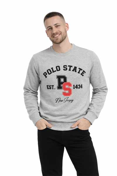 Erkek 3 İplik Şardonsuz Pamuklu Regular Fit Baskılı Bisiklet Yaka Gri Sweatshirt