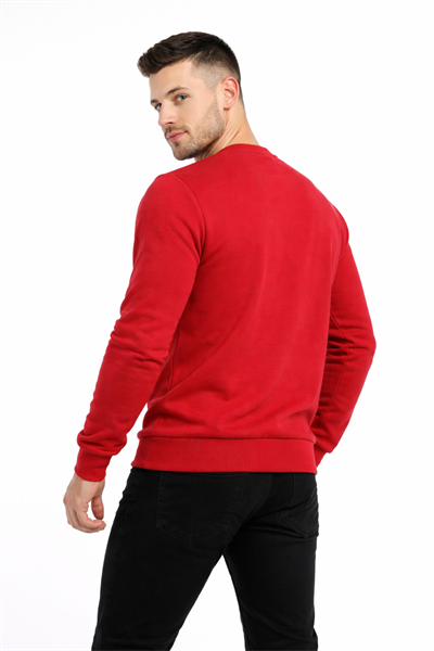 Erkek 3 İplik Şardonsuz Pamuklu Regular Fit Baskılı Bisiklet Yaka Kırmızı Sweatshirt
