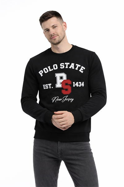 Erkek 3 İplik Şardonsuz Pamuklu Regular Fit Baskılı Bisiklet Yaka Siyah Sweatshirt