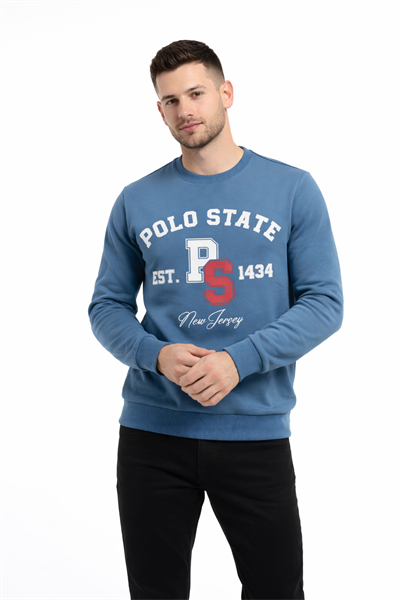 Erkek 3 İplik Şardonsuz Pamuklu Regular Fit Baskılı Bisiklet Yaka Mavi Sweatshirt