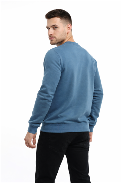 Erkek 3 İplik Şardonsuz Pamuklu Regular Fit Baskılı Bisiklet Yaka Mavi Sweatshirt