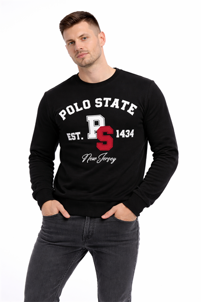 Erkek 3 İplik Şardonsuz Pamuklu Regular Fit Baskılı Bisiklet Yaka Siyah Sweatshirt