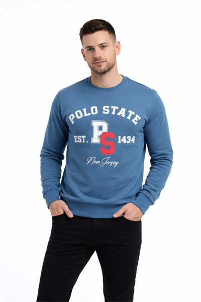 Erkek 3 İplik Şardonsuz Pamuklu Regular Fit Baskılı Bisiklet Yaka Mavi Sweatshirt