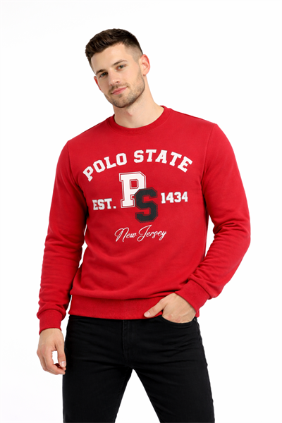 Erkek 3 İplik Şardonsuz Pamuklu Regular Fit Baskılı Bisiklet Yaka Kırmızı Sweatshirt