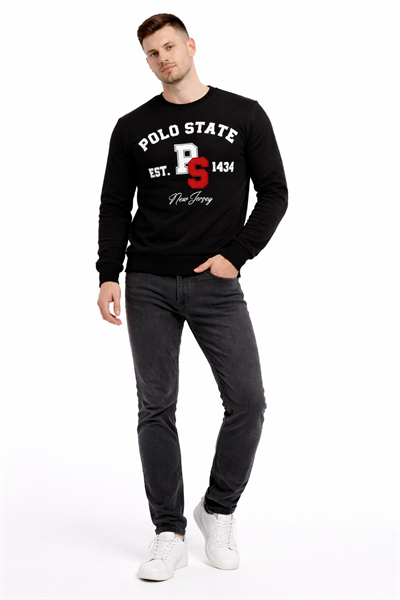 Erkek 3 İplik Şardonsuz Pamuklu Regular Fit Baskılı Bisiklet Yaka Siyah Sweatshirt
