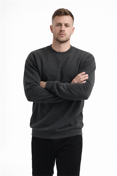 Erkek Antrasit 3 İplik Şardonlu Kalın Basic Bisiklet Yaka Oversize Sweatshirt