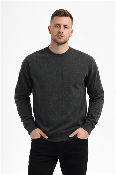 Erkek Antrasit 3 İplik Şardonlu Kalın Basic Bisiklet Yaka Oversize Sweatshirt