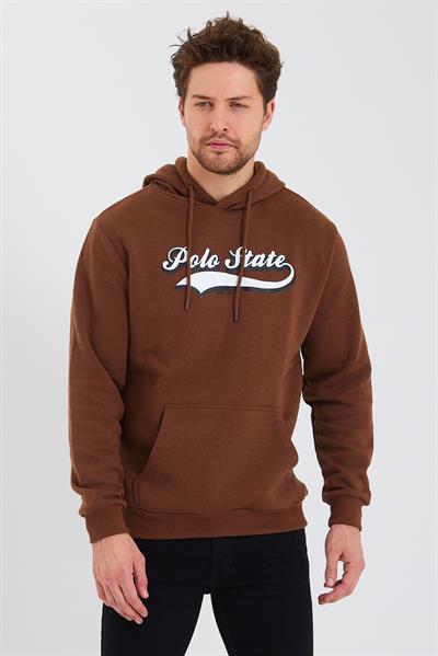 Erkek 3 İplik Pamuklu İçi Polarlı Baskılı Regular Fit Kapüşonlu Kanguru Cepli Kahverengi Sweatshirt