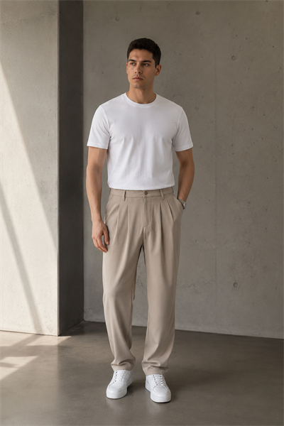 Erkek Bej Baggy Fit Pileli Kumaş Pantolon