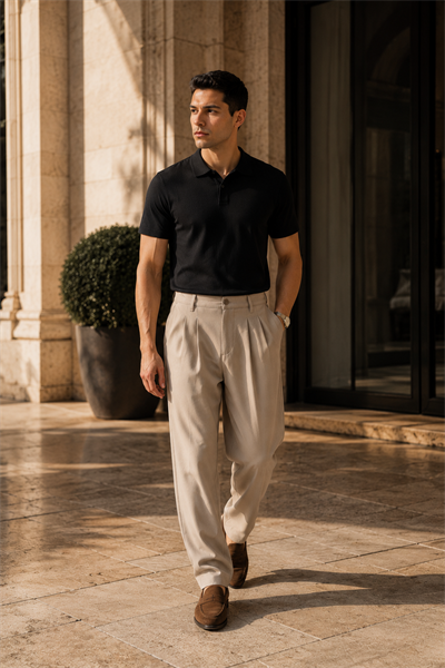 Erkek Bej Baggy Fit Pileli Kumaş Pantolon