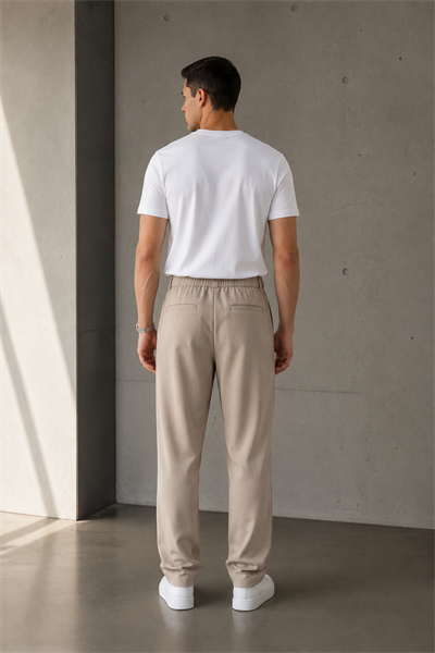 Erkek Bej Baggy Fit Pileli Kumaş Pantolon