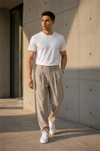 Erkek Bej Baggy Fit Pileli Kumaş Pantolon