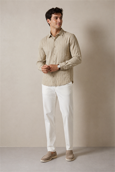 Erkek Bej Dokulu Çizgili Regular Fit Gömlek
