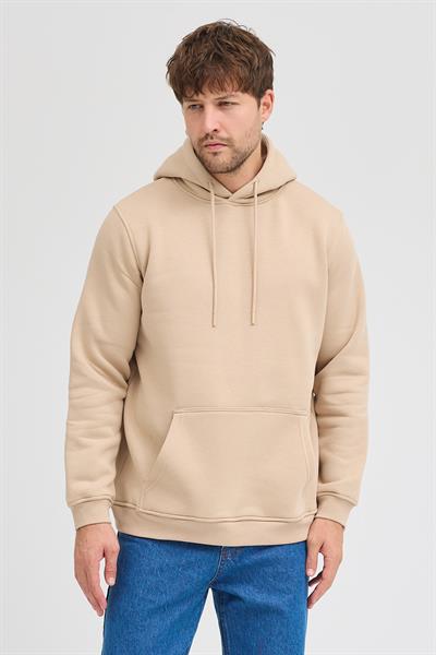 Erkek Bej Standart Fit Normal Kesim Içi Polarlı 3 Iplik Kapüşonlu Pamuklu Sweatshirt