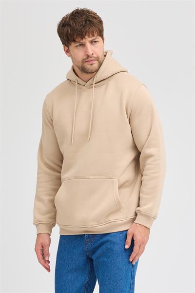 Erkek Bej Standart Fit Normal Kesim Içi Polarlı 3 Iplik Kapüşonlu Pamuklu Sweatshirt