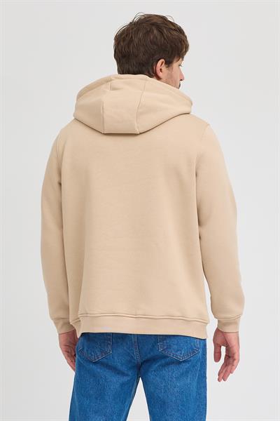 Erkek Bej Standart Fit Normal Kesim Içi Polarlı 3 Iplik Kapüşonlu Pamuklu Sweatshirt