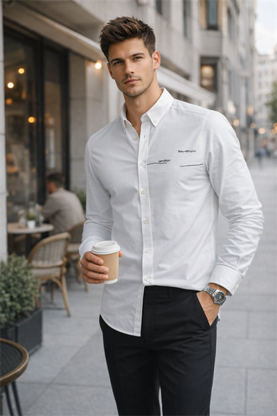 Erkek Beyaz Regular Fit Minimal Nakış Detaylı Gömlek