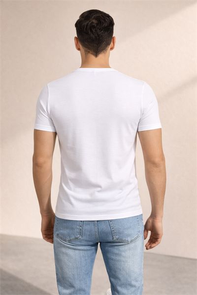Erkek Beyaz Slim Fit Bisiklet Yaka Basic Tişört %100 Pamuk
