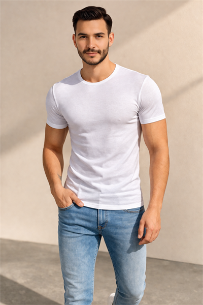 Erkek Beyaz Slim Fit Bisiklet Yaka Basic Tişört %100 Pamuk