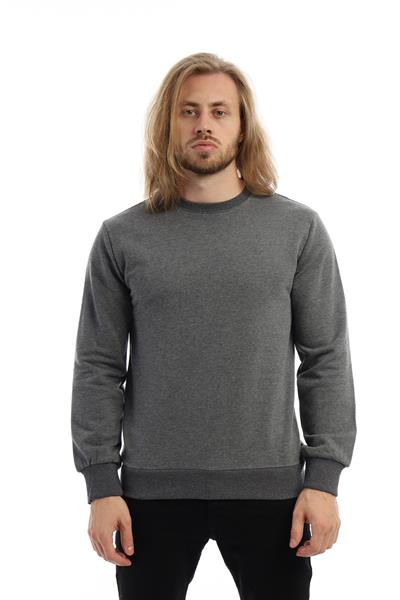Erkek 3 İplik Pamuklu Regular Fit Basic Bisiklet Yaka Antrasit Sweatshirt