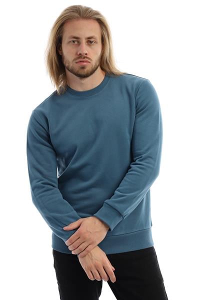 Erkek 3 İplik Pamuklu Regular Fit Basic Bisiklet Yaka Mavi Sweatshirt