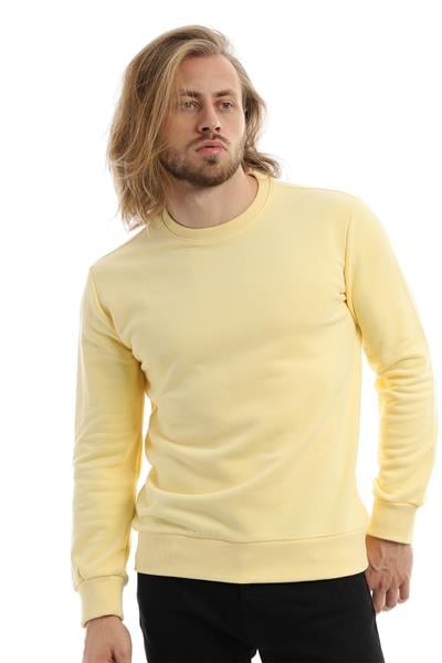 Erkek 3 İplik Pamuklu Regular Fit Basic Bisiklet Yaka Sarı Sweatshirt