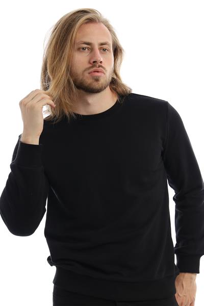 Erkek 3 İplik Pamuklu Regular Fit Basic Bisiklet Yaka Siyah Sweatshirt