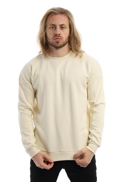 Erkek 3 İplik Pamuklu İçi Polarlı Regular Fit Basic Bisklet Yaka Krem Sweatshirt