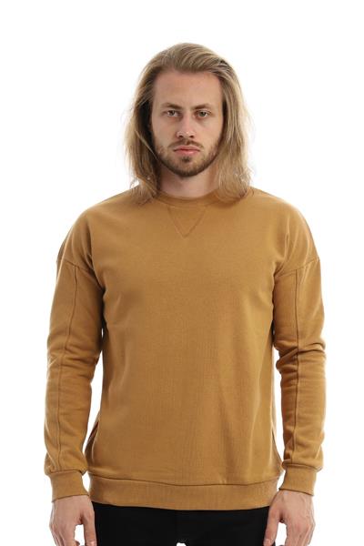 Erkek 3 İplik Pamuklu İçi Polarlı Regular Fit Basic Bisklet Yaka Kahverengi Sweatshirt