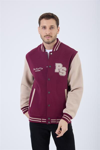 Erkek 3 İplik Pamuklu İçi Polarlı Regular Fit Nakışlı Bordo Kolej Ceket  
