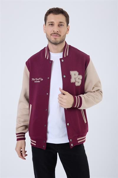Erkek 3 İplik Pamuklu İçi Polarlı Regular Fit Nakışlı Bordo Kolej Ceket  